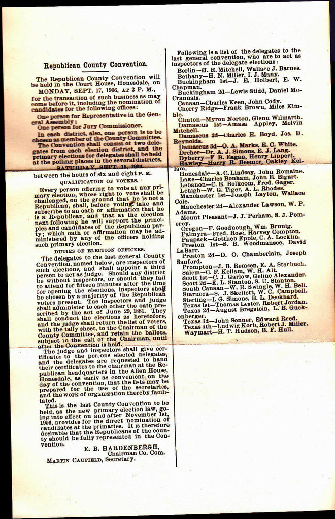 Wayne County Pennsylvania 1906 Republican County Convention sheet GOP