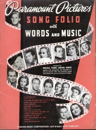 PARAMOUNT PICTURES SONG FOLIO WITH WORDS & MUSIC Arranged for Ukelele, Piano, Uitar and Banjo.